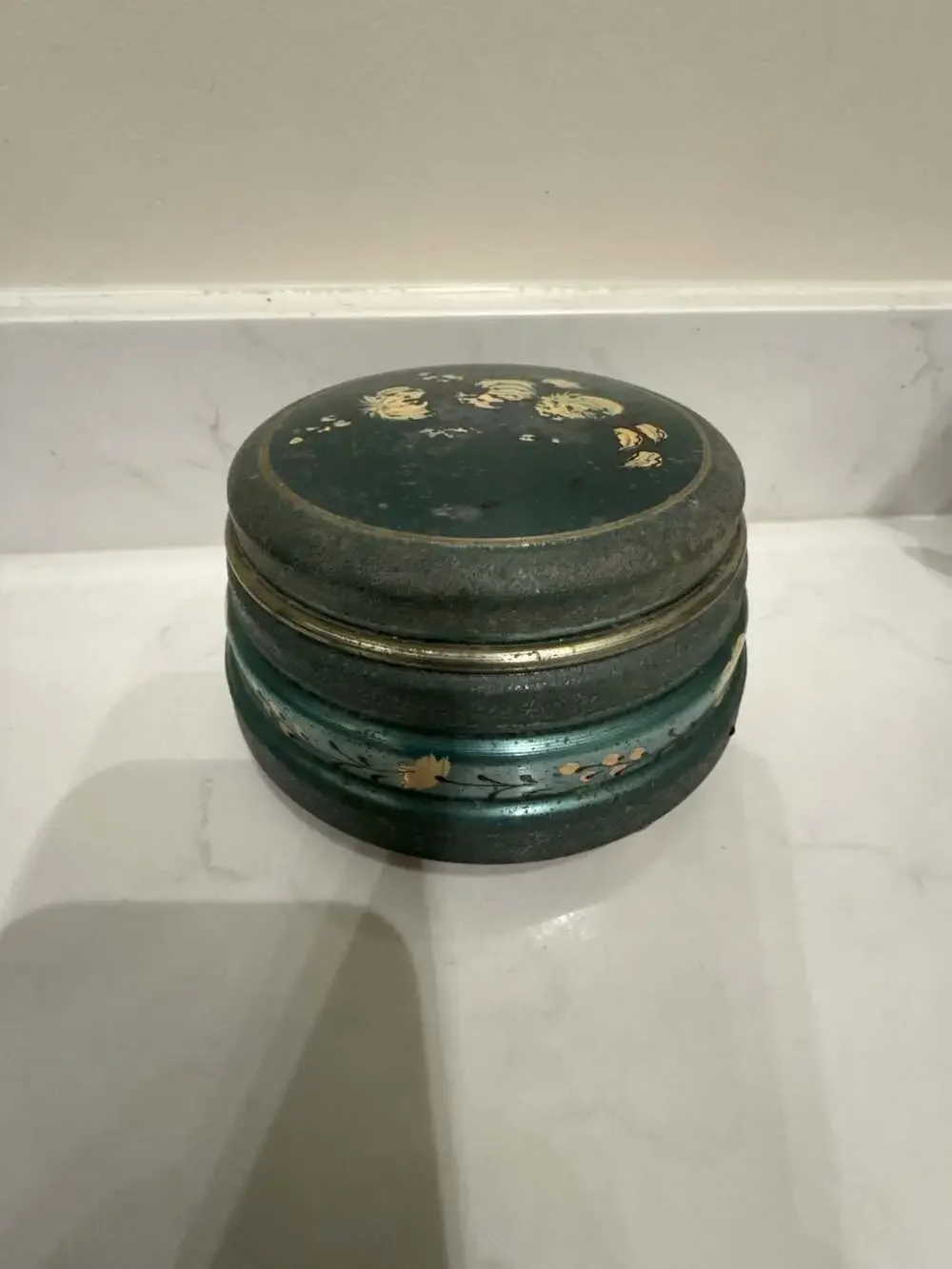Vintage Hand-Painted Floral Metal Musical Trinket Box with Footed Base